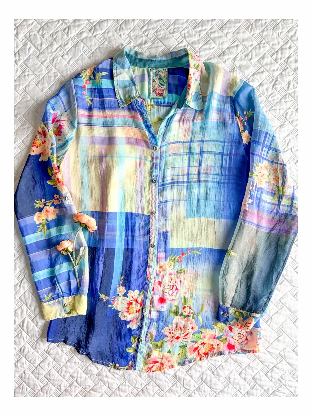 Johnny Was Cupra Rayon Floral Plaid Button Down Blouse Blue Pink Size S